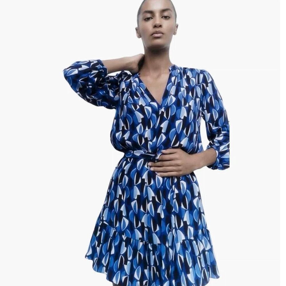 Zara Blue Black White Geometric V Neck Long Sleeve Mini Shift Shirt Dress Size M